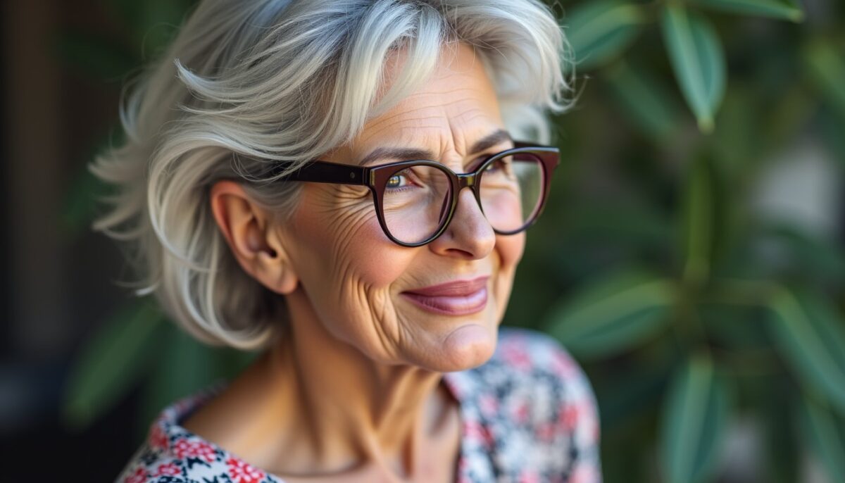 Coiffures courtes stylées pour femmes de 70 ans portant des lunettes